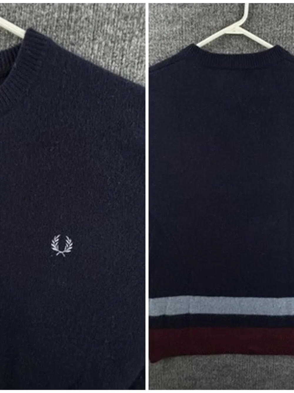 Fred Perry Pullover Logo XL Sweater Blue Red Crew Neck Wool Striped Designer